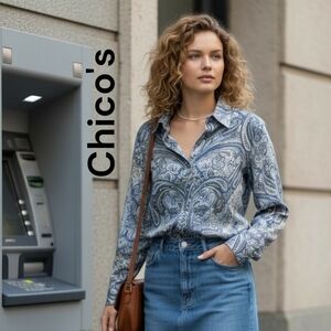 Chico’s • Paisley Top Button Up Blouse Long Sleeve Roll Tab • Blue Tan Pink • XS